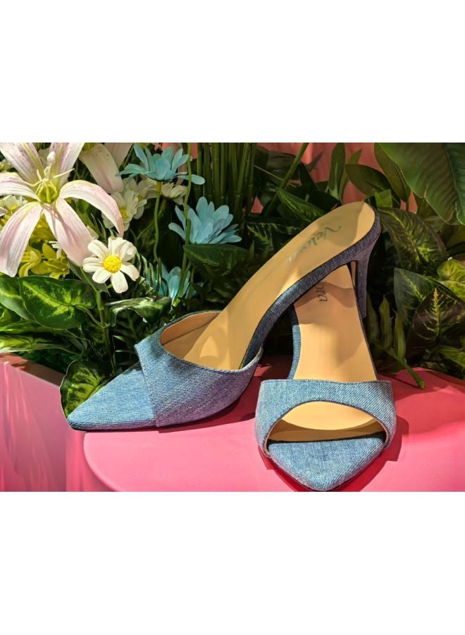 Chengdu Handmade Women's Blue Denim Pointed Toe Stiletto Mule Heels, 8cm Heel Height Options, Single Wide Strap Open Toe Slip On Sandals with Sheepskin Insole & Non-Slip Sole - Image 4