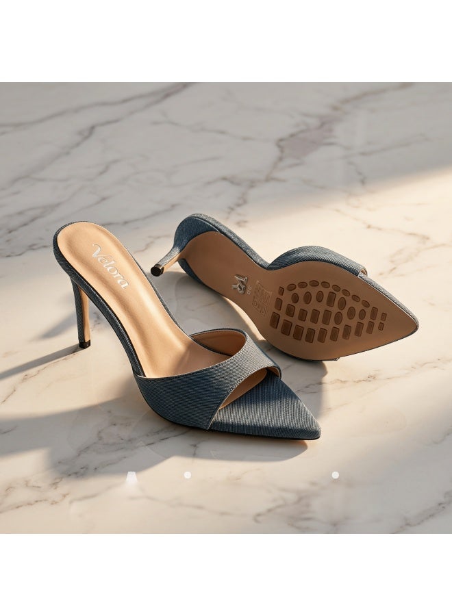 Chengdu Handmade Women's Blue Denim Pointed Toe Stiletto Mule Heels, 8cm Heel Height Options, Single Wide Strap Open Toe Slip On Sandals with Sheepskin Insole & Non-Slip Sole - Image 3