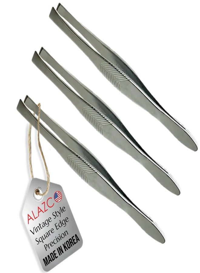 ALAZCO 3 Vintage Style Square Tip Ribbed Professional Tweezers for Eyebrows Premium Precision for Facial Hair Splinter Ingrown Hair Removal Straight Tip Women men Made in Korea - Image 1