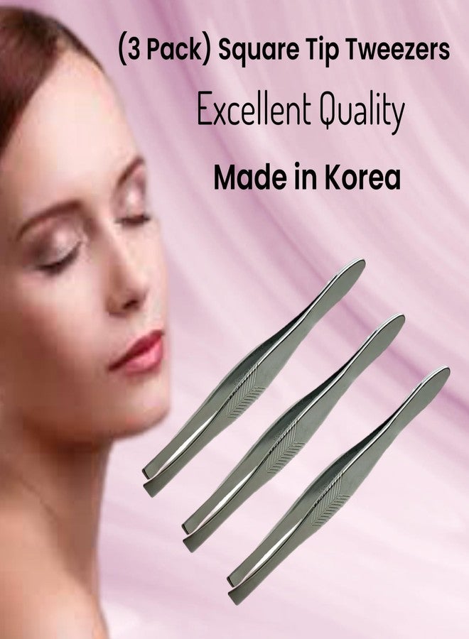 ALAZCO 3 Vintage Style Square Tip Ribbed Professional Tweezers for Eyebrows Premium Precision for Facial Hair Splinter Ingrown Hair Removal Straight Tip Women men Made in Korea - Image 3