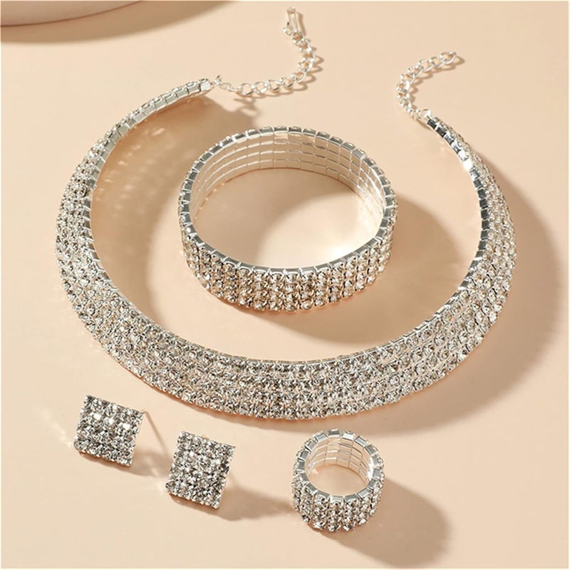 cheekyglo 1 Set 1-5 Rows Rhinestone Choker Necklace & Bracelets Crystal Necklace Collar Bridal Jewelry \u200bfor Dance Party Wedding,Silver-4 Rows - Image 3