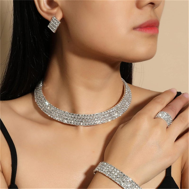 cheekyglo 1 Set 1-5 Rows Rhinestone Choker Necklace & Bracelets Crystal Necklace Collar Bridal Jewelry \u200bfor Dance Party Wedding,Silver-4 Rows - Image 4