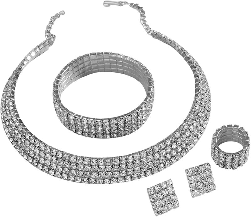 cheekyglo 1 Set 1-5 Rows Rhinestone Choker Necklace & Bracelets Crystal Necklace Collar Bridal Jewelry \u200bfor Dance Party Wedding,Silver-4 Rows - Image 1