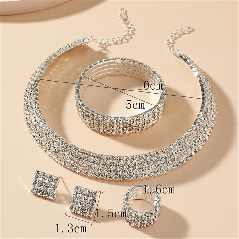 cheekyglo 1 Set 1-5 Rows Rhinestone Choker Necklace & Bracelets Crystal Necklace Collar Bridal Jewelry \u200bfor Dance Party Wedding,Silver-4 Rows - Image 2