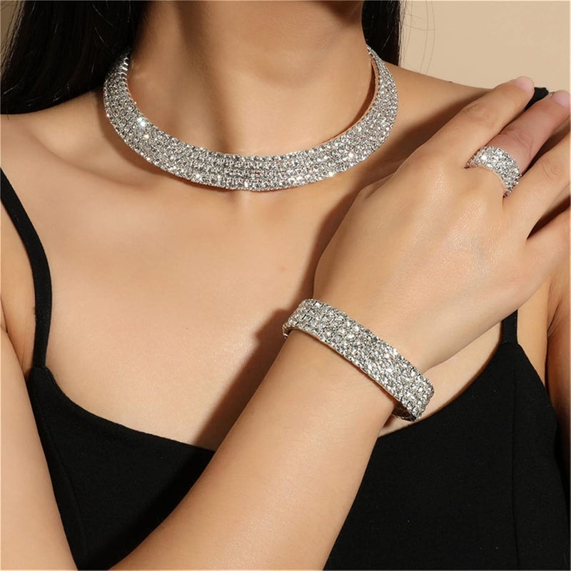 cheekyglo 1 Set 1-5 Rows Rhinestone Choker Necklace & Bracelets Crystal Necklace Collar Bridal Jewelry \u200bfor Dance Party Wedding,Silver-4 Rows - Image 5