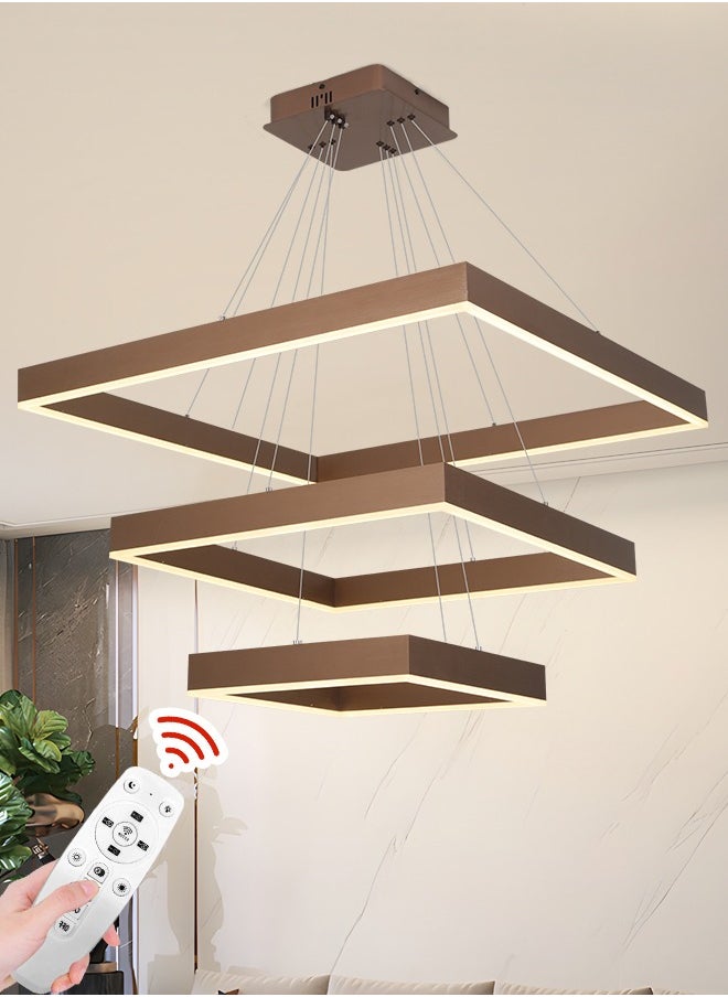 YATAI LIGHTING ثريا LED حديثة، ثريا مربعة قابلة للتحكم عن بعد، مناسبة لتركيبات إضاءة الثريا البهو لغرفة المعيشة وغرفة الطعام (بني، 3 حلقات)  - Image 1