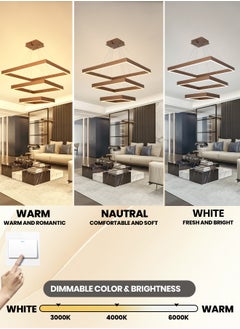 YATAI LIGHTING Modern LED Chandelier,Remote Control Dimmable Square Chandelier,Suitable for Foyer Chandelier Lighting Fixtures for Living Room, Dining Room (Brown, 3-Ring)  - Image 2