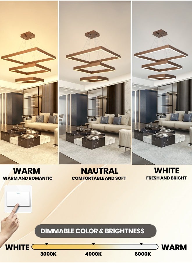YATAI LIGHTING ثريا LED حديثة، ثريا مربعة قابلة للتحكم عن بعد، مناسبة لتركيبات إضاءة الثريا البهو لغرفة المعيشة وغرفة الطعام (بني، 3 حلقات)  - Image 2
