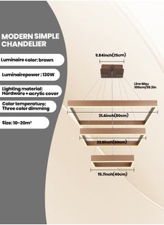 YATAI LIGHTING Modern LED Chandelier,Remote Control Dimmable Square Chandelier,Suitable for Foyer Chandelier Lighting Fixtures for Living Room, Dining Room (Brown, 3-Ring)  - Image 3