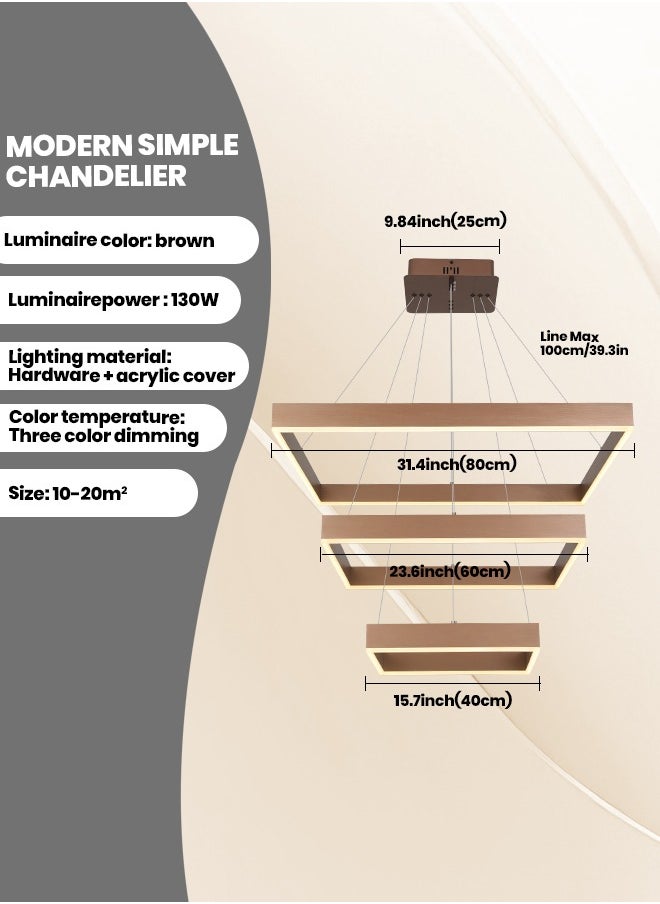 YATAI LIGHTING ثريا LED حديثة، ثريا مربعة قابلة للتحكم عن بعد، مناسبة لتركيبات إضاءة الثريا البهو لغرفة المعيشة وغرفة الطعام (بني، 3 حلقات)  - Image 3