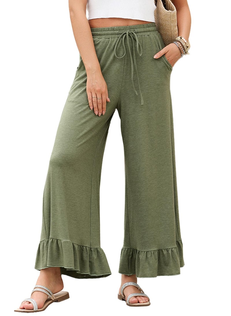 EVALESS Flare Pants for Women High Waisted Wide Leg Casual Work Teacher Bell Pants Stretchy Trousers with Pockets Beach Vacation Outfits Olive Green X-Large - Image 1