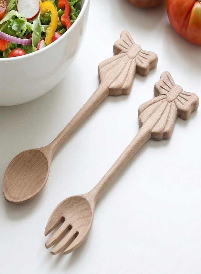 Ferrochef 2 Pcs Linden Wood Salad Tongs 9.8 Inch Bow Serving Utensils Set Wooden Salad Fork and Spoon Long Handle Server for Wedding Bridal Shower Engagement Holiday Housewarming Kitchen Gifts - Image 1