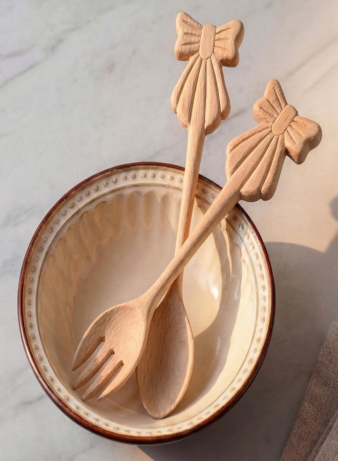 Ferrochef 2 Pcs Linden Wood Salad Tongs 9.8 Inch Bow Serving Utensils Set Wooden Salad Fork and Spoon Long Handle Server for Wedding Bridal Shower Engagement Holiday Housewarming Kitchen Gifts - Image 5