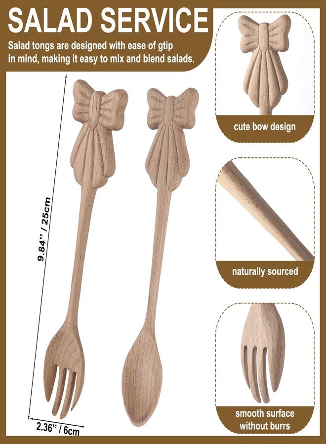 Ferrochef 2 Pcs Linden Wood Salad Tongs 9.8 Inch Bow Serving Utensils Set Wooden Salad Fork and Spoon Long Handle Server for Wedding Bridal Shower Engagement Holiday Housewarming Kitchen Gifts - Image 2