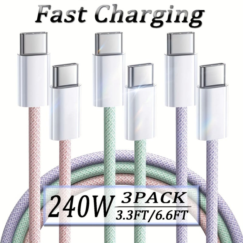 Pink Green Purple 3 Pack 6.6FT USB C to C 240W Fast Charging Cable - Image 1