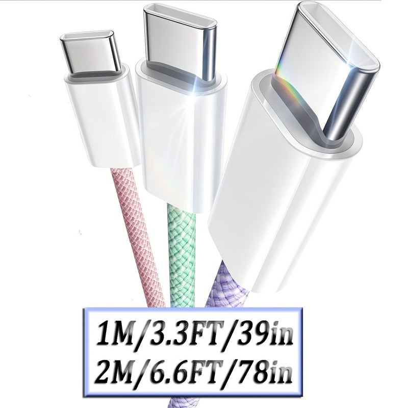 Pink Green Purple 3 Pack 6.6FT USB C to C 240W Fast Charging Cable - Image 2