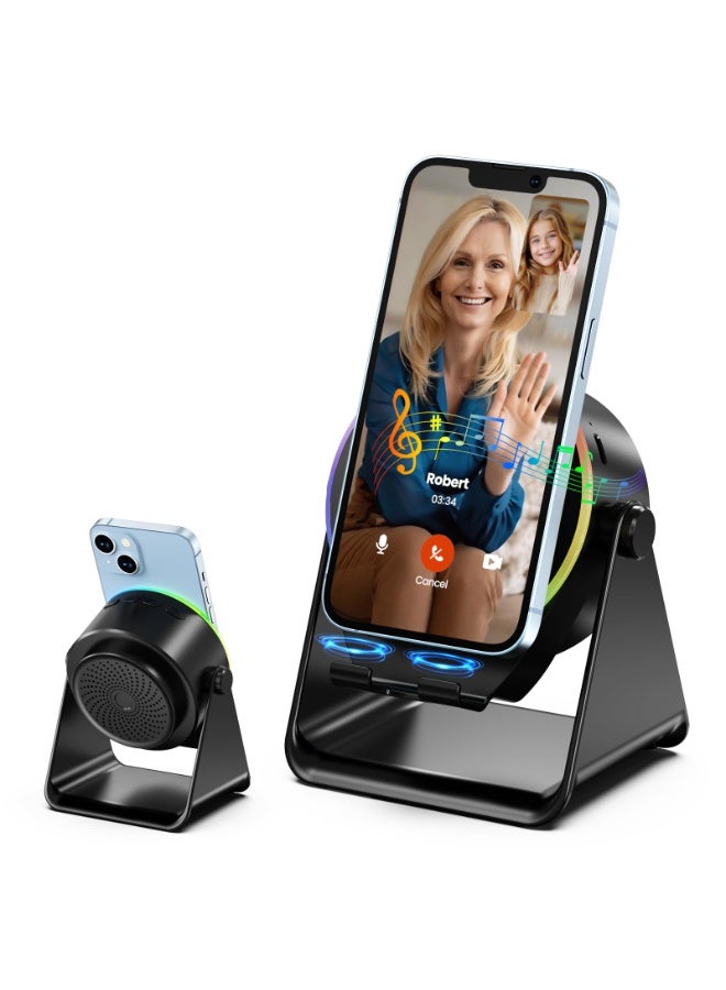 Wireless Induction Speaker, Phone Stand with Bluetooth Speaker Amplifier, Stereo Sound, RGB Ambient Light, 360° Adjustable Phone Holder Compatible with iPhone/iPad/Android/Samsung Galaxy-Black - Image 1