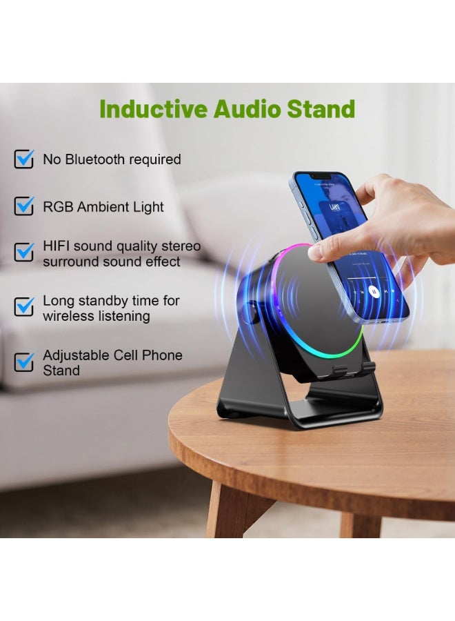 Wireless Induction Speaker, Phone Stand with Bluetooth Speaker Amplifier, Stereo Sound, RGB Ambient Light, 360° Adjustable Phone Holder Compatible with iPhone/iPad/Android/Samsung Galaxy-Black - Image 3