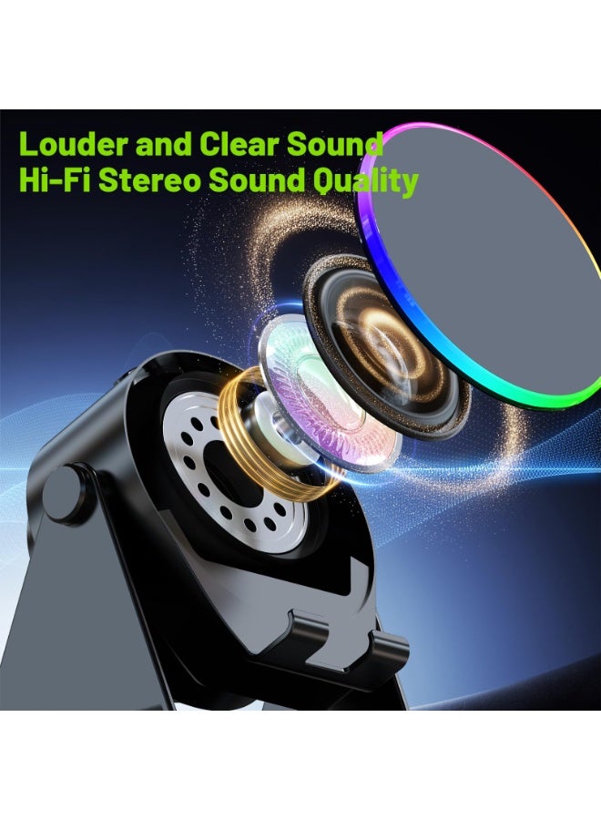 Wireless Induction Speaker, Phone Stand with Bluetooth Speaker Amplifier, Stereo Sound, RGB Ambient Light, 360° Adjustable Phone Holder Compatible with iPhone/iPad/Android/Samsung Galaxy-Black - Image 4