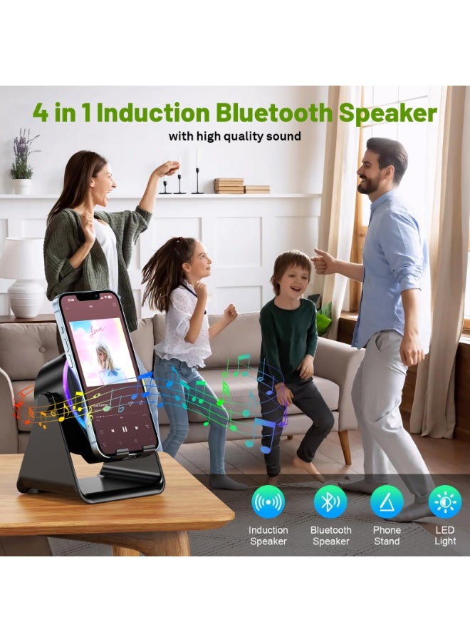 Wireless Induction Speaker, Phone Stand with Bluetooth Speaker Amplifier, Stereo Sound, RGB Ambient Light, 360° Adjustable Phone Holder Compatible with iPhone/iPad/Android/Samsung Galaxy-Black - Image 2