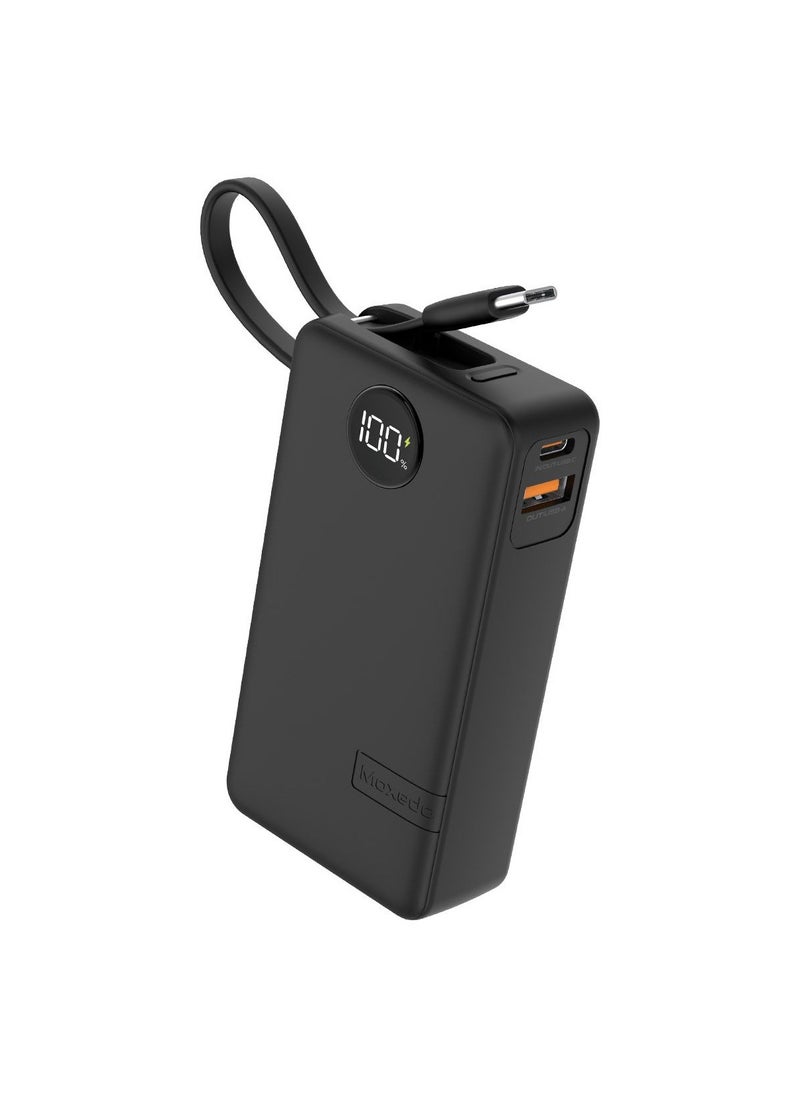 Moxedo Moxedo Porta-Go+ Power Bank 10000 mAh 1 USB-C/ 1 USB-A Ports with Built-in USB-C Cable PD Fast Charging Compatible for iPhone 16/15 Series, Samsung, Huawei, Xiaomi, iPad - Black 
