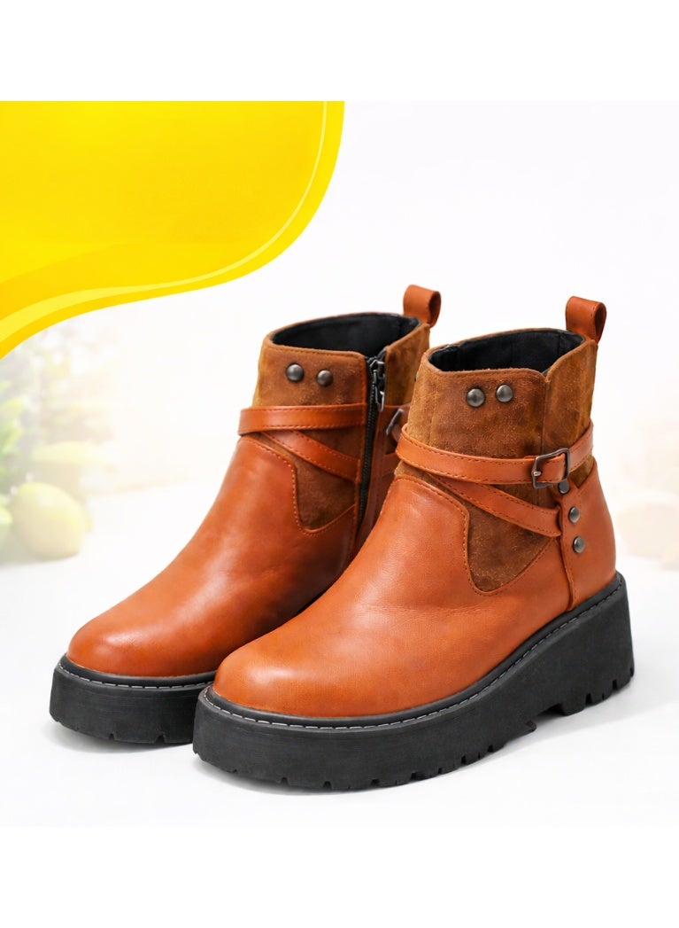 Women’s Camel Half Boots (Ankle Boots) with Side Zipper – Imported Suede, 4cm Thick Sole – Stylish Daily Wear - Image 3