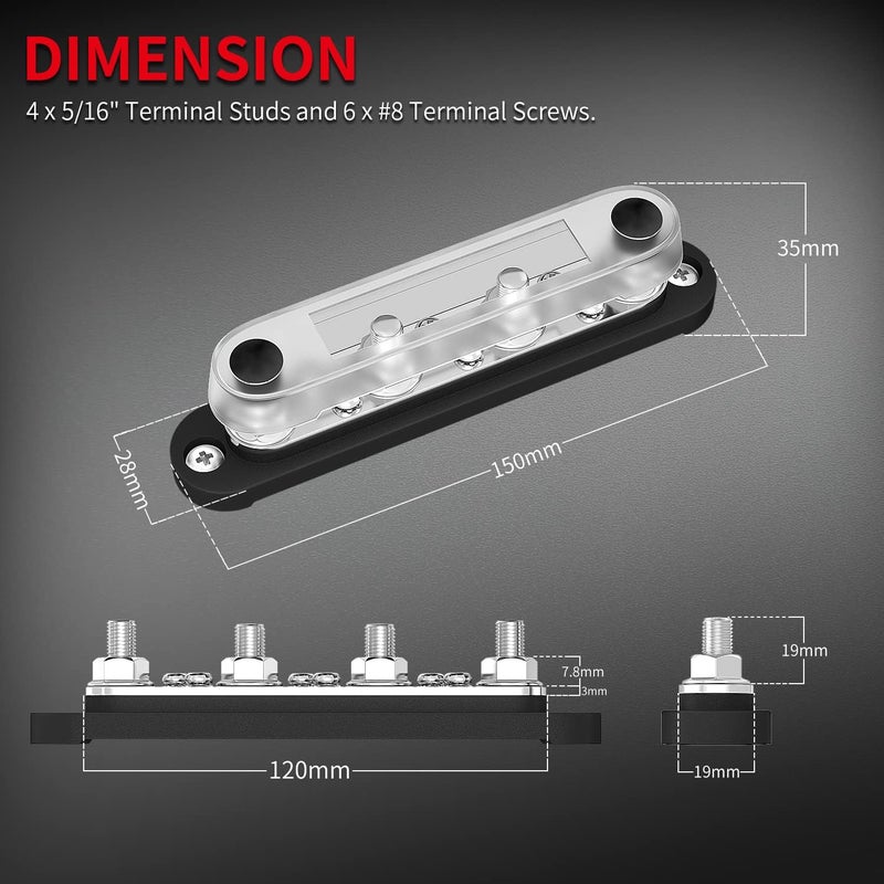 DaierTek 12V Marine Negative Bus Bar with 4 x 5/16" Terminal Studs and 6 x M4 Screws - Image 2