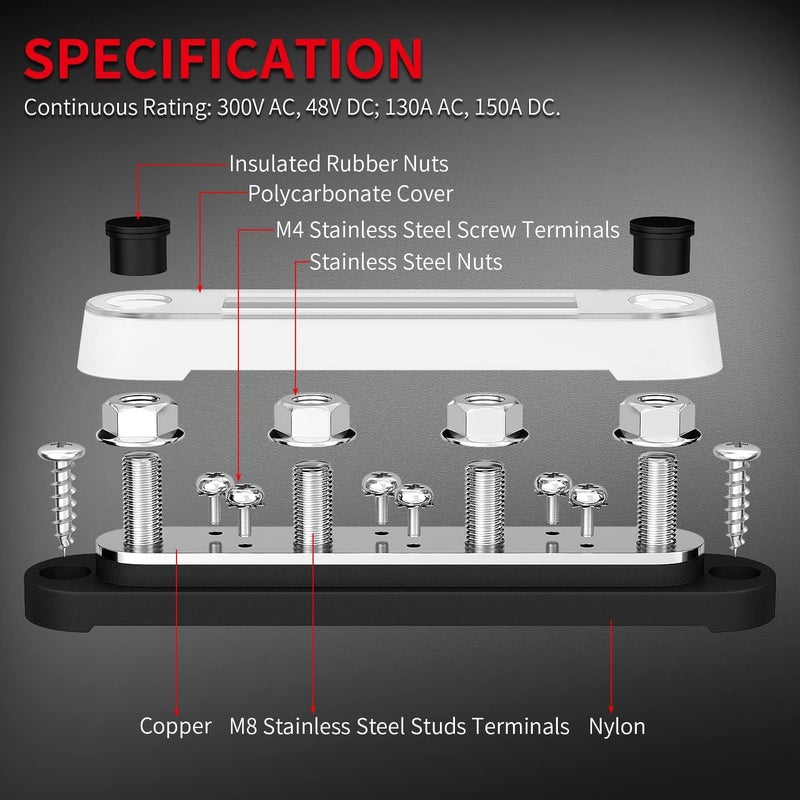 DaierTek 12V Marine Negative Bus Bar with 4 x 5/16" Terminal Studs and 6 x M4 Screws - Image 4