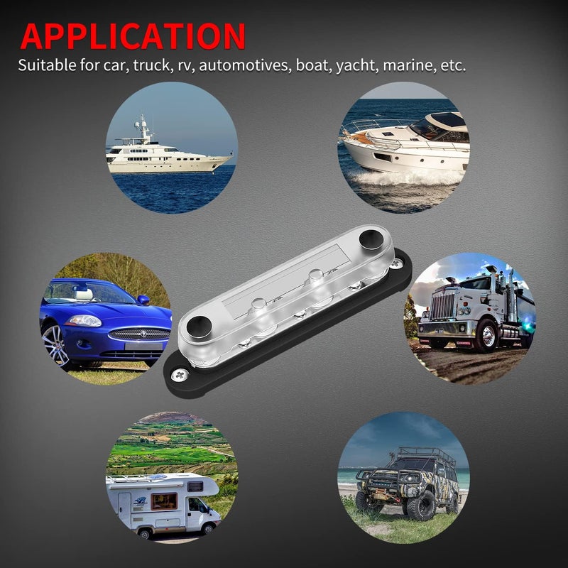 DaierTek 12V Marine Negative Bus Bar with 4 x 5/16" Terminal Studs and 6 x M4 Screws - Image 5