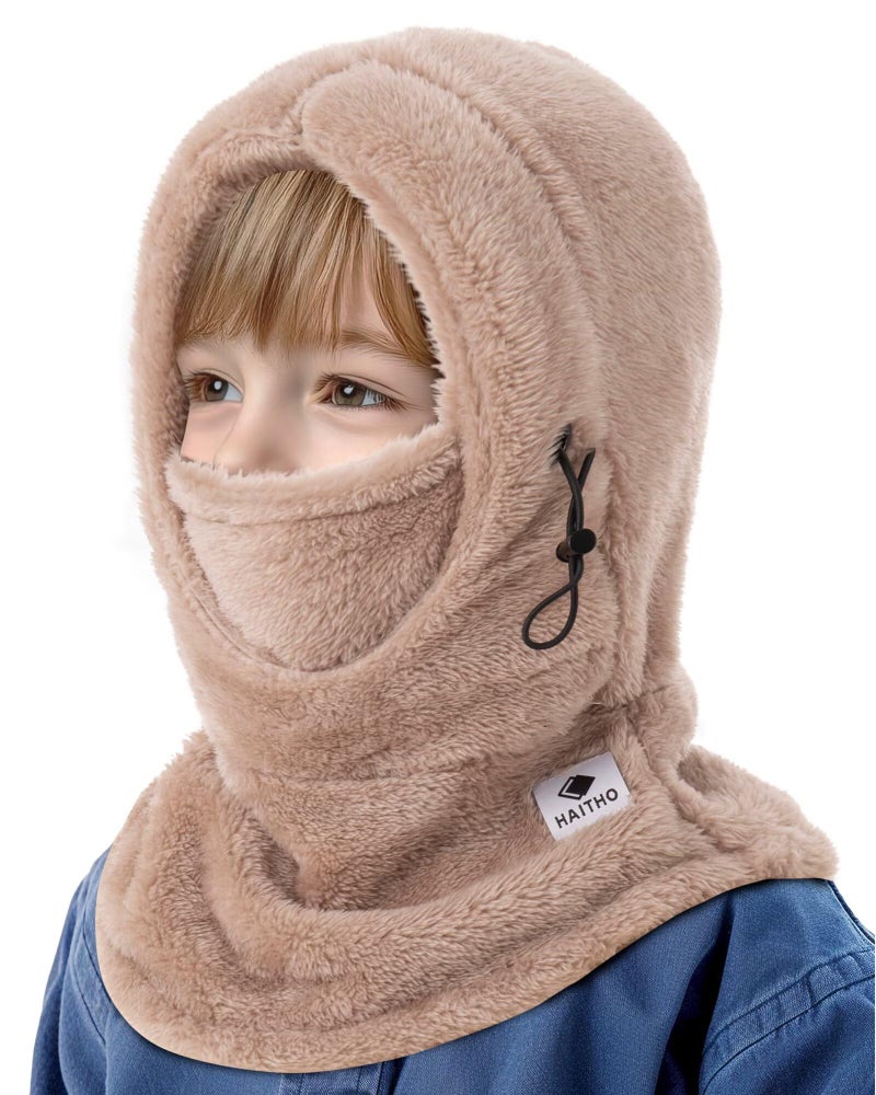 HAITHO Kids Ski Mask Balaclava for Boys Girls, 2 Size Thermal Fleece Winter Face Mask Hat for 2-12 Kids Toddler, Warm Balaclava Hood Neck Scarf for Cold Weather Skiing Cycling Daily Use-02 Khaki - Image 1