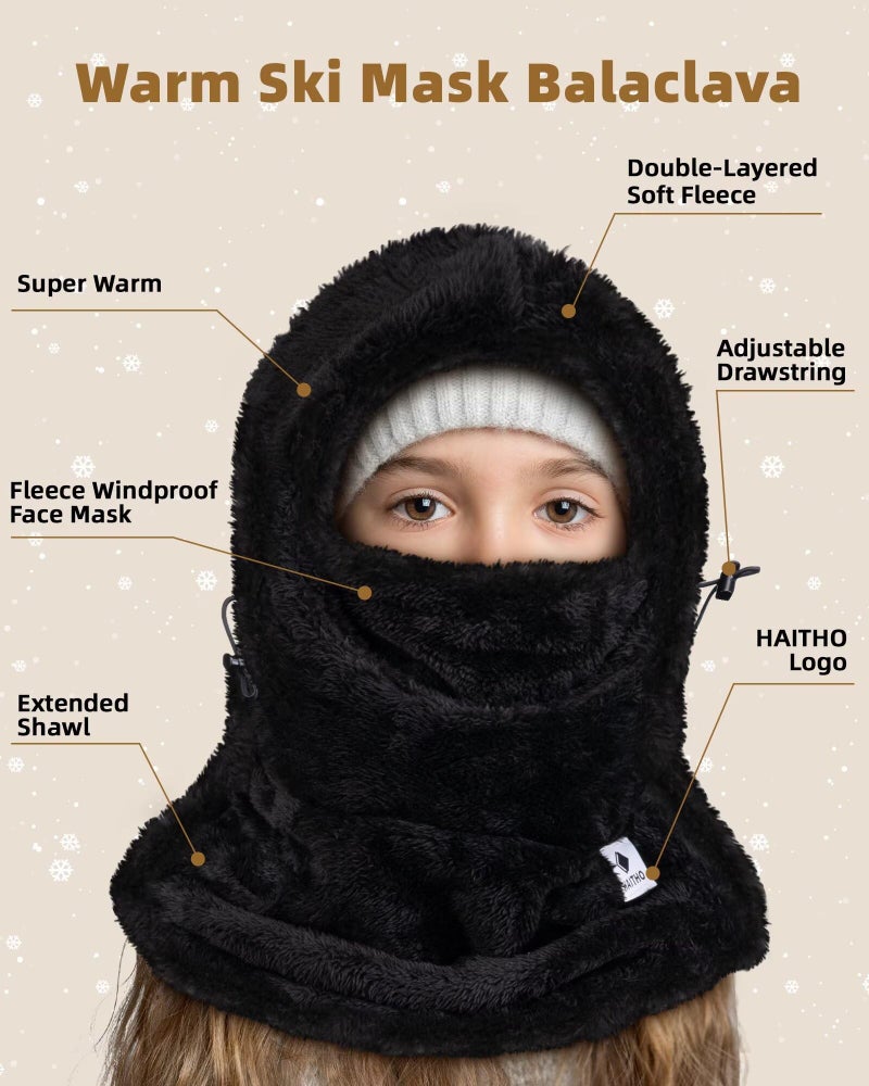 HAITHO Kids Ski Mask Balaclava for Boys Girls, 2 Size Thermal Fleece Winter Face Mask Hat for 2-12 Kids Toddler, Warm Balaclava Hood Neck Scarf for Cold Weather Skiing Cycling Daily Use-02 Khaki - Image 2