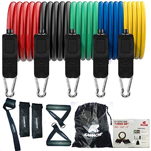 KAMACHI Resistance Bands Set for Exercise, Stretching, and Workout Toning Tube Kit with Foam Handles, Door Anchor, Ankle Strap, and Carrying Bag for Men, Women - Image 1