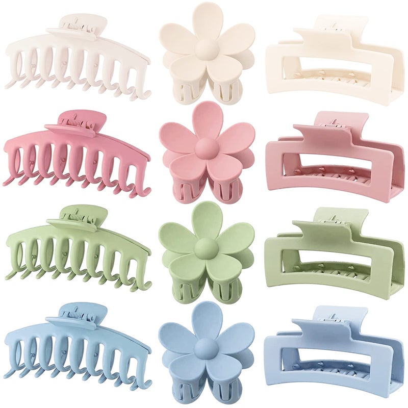 JANFUN Large Hair Claw Clips 12 Pack, Flower Hair Clips for Thin Hair, Big Square Matte Strong hold for Thick Hair, 3 Styles Hair Clips for Women Thick Hair 4 Colors - Image 1