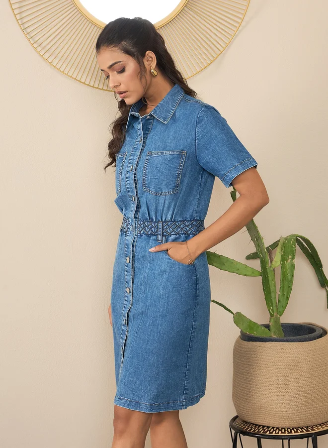 StyleStone StyleStone Blue Denim Mini Dress with Button Detail