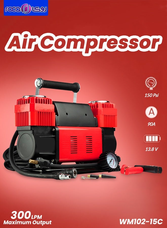 روكا ضاغط هواء محمول للسيارة 12 فولت، عالي التحمل، ثنائي الأسطوانات، مضخة نفخ إطارات بقوة 150 رطل لكل بوصة مربعة (PSI) ومعدل تدفق 300 لتر/دقيقة، مزود بمقياس ضغط، ومشابك بطارية، وخرطوم ملفوف بطول 26 قدمًا، ومحولات فوهات، مناسب لسيارات الدفع الرباعي والشاحنات ومركبات الطرق الوعرة WM102-15C - Image 1