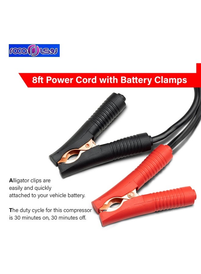 روكا ضاغط هواء محمول للسيارة 12 فولت، عالي التحمل، ثنائي الأسطوانات، مضخة نفخ إطارات بقوة 150 رطل لكل بوصة مربعة (PSI) ومعدل تدفق 300 لتر/دقيقة، مزود بمقياس ضغط، ومشابك بطارية، وخرطوم ملفوف بطول 26 قدمًا، ومحولات فوهات، مناسب لسيارات الدفع الرباعي والشاحنات ومركبات الطرق الوعرة WM102-15C - Image 3