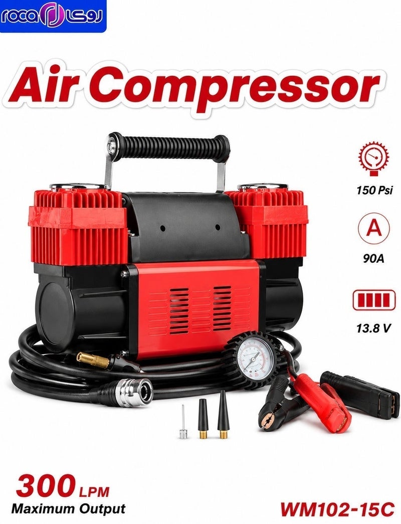 Roca Portable Car Air Compressor 12V Heavy Duty Dual Cylinder Tyre Inflator Pump 150 PSI 300LPM with Pressure Gauge, Battery Clamps, 26ft Coil Hose, Nozzle Adapters for SUV, 4x4, Truck, Off-Road Vehicles WM102-15C - Image 3