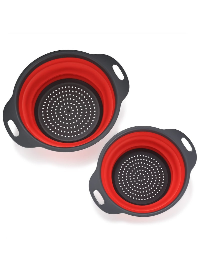 Captaintech 2 Pcs Collapsible Colanders, Foldable Colanders & Food Strainers, Silicone Vegetable Fruit Drain Basket with Handles, Kitchen Strainer Filter Colander for Draining Pasta Fruits Vegetable - Red - Image 1