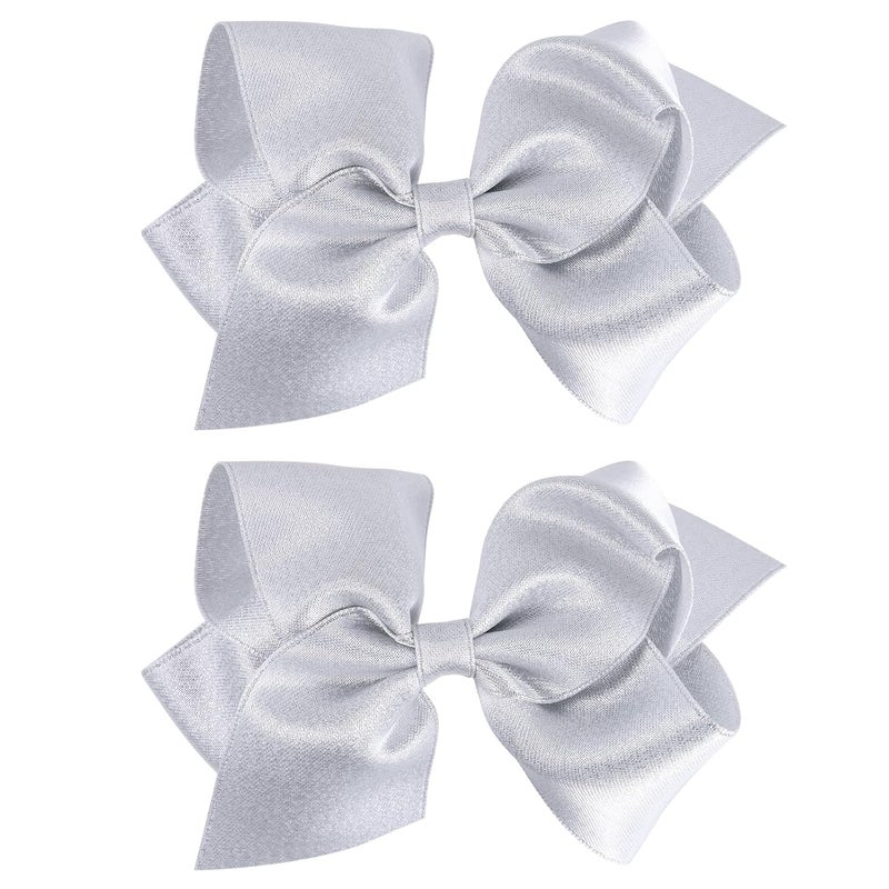4 Shiny Silver Ribbon Hair Bow Clip Alligator Barrettes Pins Toddler Teen Girls Outfit Decor Accessories Kids Back School Valentines Xmas New Year Gift in Pairs