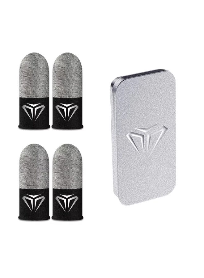 RTYY 4 قطع من قفازات أطراف الأصابع للألعاب المحمولة مقترنة بصندوق تخزين معدني 100% ألياف فضية مرئية مقاومة للعرق ومضادة للانزلاق وشاشة تعمل باللمس وغطاء أطراف الأصابع قابل للتهوية للاعبي الألعاب - Image 1