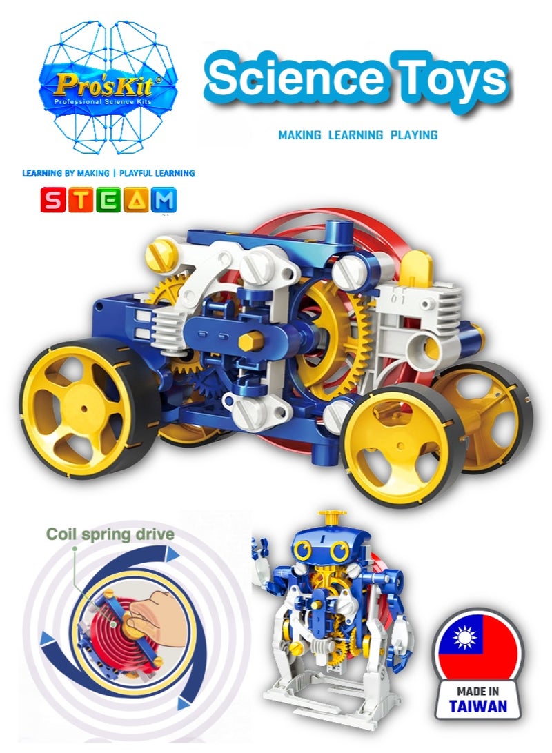 Pro'skit Pro’sKit GE-730 3-in-1 Spiral Spring Science Kit – Battery-Free STEM Robot, Race Car & Timer DIY Build Set for Kids - Image 1