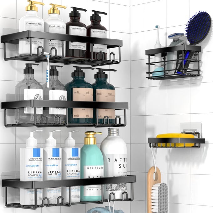 ADHESIVE SHOWER CADDY ORGANIZER SHELVES RACK 5 PACK CORNER BATHROOM STORAGE ORGANIZATION HOME KITCHEN DECOR INSIDE RV ACCESSORIES HANGING FIRST APARTMENT HOUSEHOLD CAMPER ESSENTIALS
