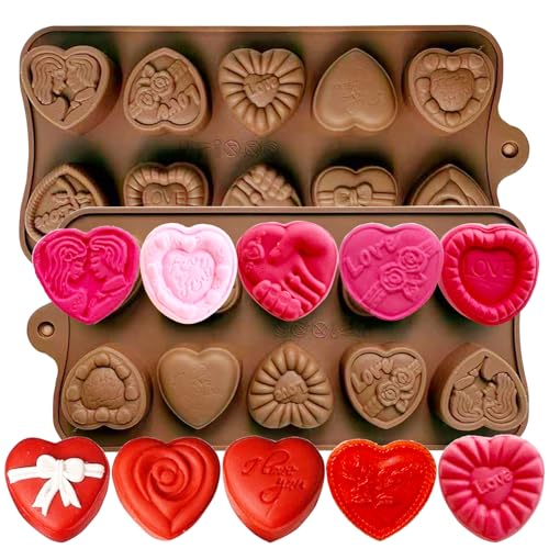 Copzievkae 2 Pack Heart Chocolate Molds Heart Molds Silicone Valentine Chocolate Molds Heart Chocolate Mold 10 Style Love Rose Bow Shaped Silicone Mold for Candy, Gummy, Ice Cube Tray - Image 1