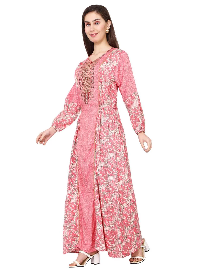 HANA & SARA THREAD EMBROIDERY LONG VISCOSE PRINTED PINK COLOUR STYLISH ELEGANT ARABIC KAFTAN JALABIYA DRESS