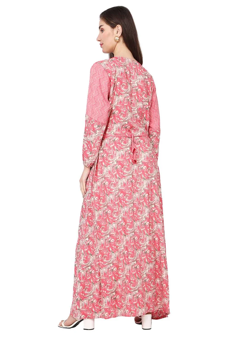 هانا آند سارا THREAD EMBROIDERY LONG VISCOSE PRINTED PINK COLOUR STYLISH ELEGANT ARABIC KAFTAN JALABIYA DRESS