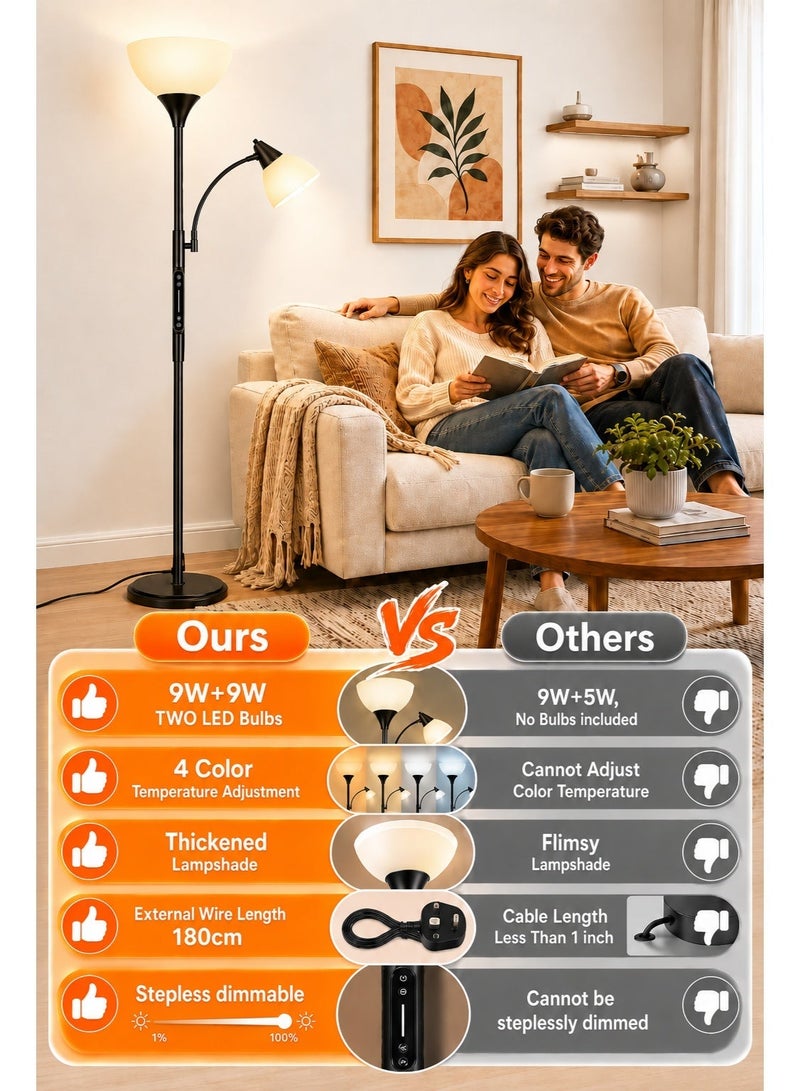 OUTON مصباح أرضي LED قابل لتعديل السطوع - التحكم باللمس وجهاز التحكم عن بُعد والتطبيق | تصميم Uplighter للأم والطفل مزود بمصباح للقراءة ومؤقت لمدة ساعة | مصباح أرضي بارتفاع 182 سم مزود بمصباحين عن بُعد E27 بقوة 9 وات لكل منهما، مناسب لغرفة المعيشة وغرفة النوم والمكتب - Image 3