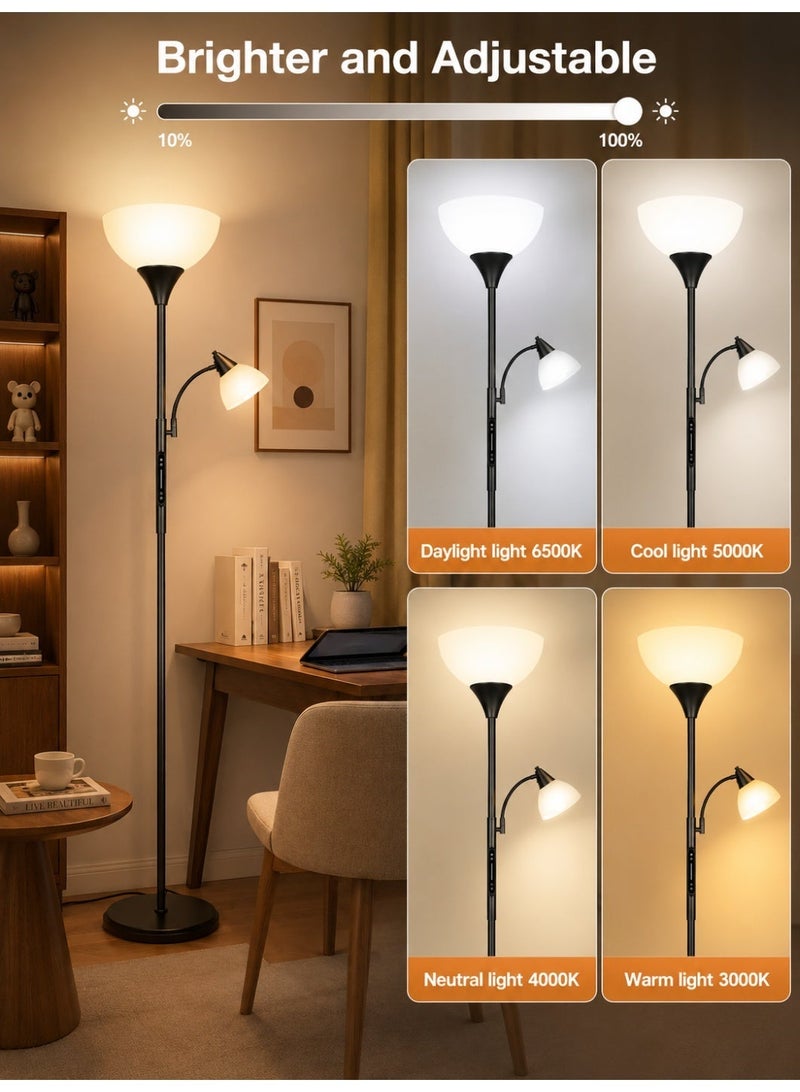 OUTON مصباح أرضي LED قابل لتعديل السطوع - التحكم باللمس وجهاز التحكم عن بُعد والتطبيق | تصميم Uplighter للأم والطفل مزود بمصباح للقراءة ومؤقت لمدة ساعة | مصباح أرضي بارتفاع 182 سم مزود بمصباحين عن بُعد E27 بقوة 9 وات لكل منهما، مناسب لغرفة المعيشة وغرفة النوم والمكتب - Image 4