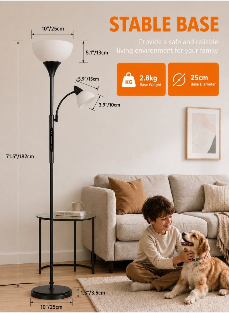 OUTON مصباح أرضي LED قابل لتعديل السطوع - التحكم باللمس وجهاز التحكم عن بُعد والتطبيق | تصميم Uplighter للأم والطفل مزود بمصباح للقراءة ومؤقت لمدة ساعة | مصباح أرضي بارتفاع 182 سم مزود بمصباحين عن بُعد E27 بقوة 9 وات لكل منهما، مناسب لغرفة المعيشة وغرفة النوم والمكتب - Image 5