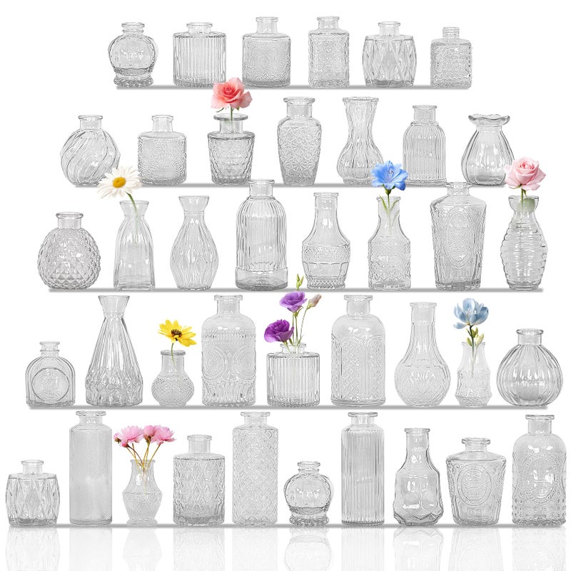 Fivenl Set of 40 Glass Bud Vases, Small Clear Glass Vases in Bulk, Mini Vintage Embossed Flower Vase for Wedding, Centerpieces, Birthday Party, Baby Shower, Home Table Decorations (Clear) - Image 1