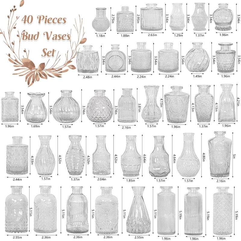 Fivenl Set of 40 Glass Bud Vases, Small Clear Glass Vases in Bulk, Mini Vintage Embossed Flower Vase for Wedding, Centerpieces, Birthday Party, Baby Shower, Home Table Decorations (Clear) - Image 2